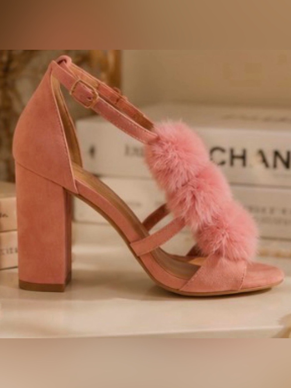Pink Fur Block Heel Sandals with Ankle Strap